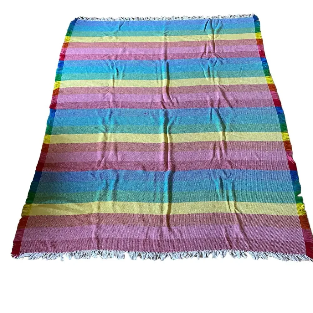 Vintage Mid-Century Modern Striped Rainbow Square Fringe Trim Tablecloth 50